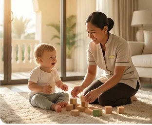 A nanny playing with a young child in a bright, elegant family home