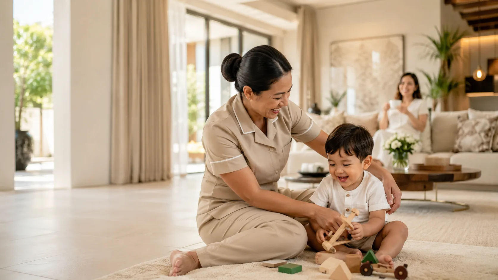Professional nanny caring warmly for a young child in a bright luxury home, with the mother nearby