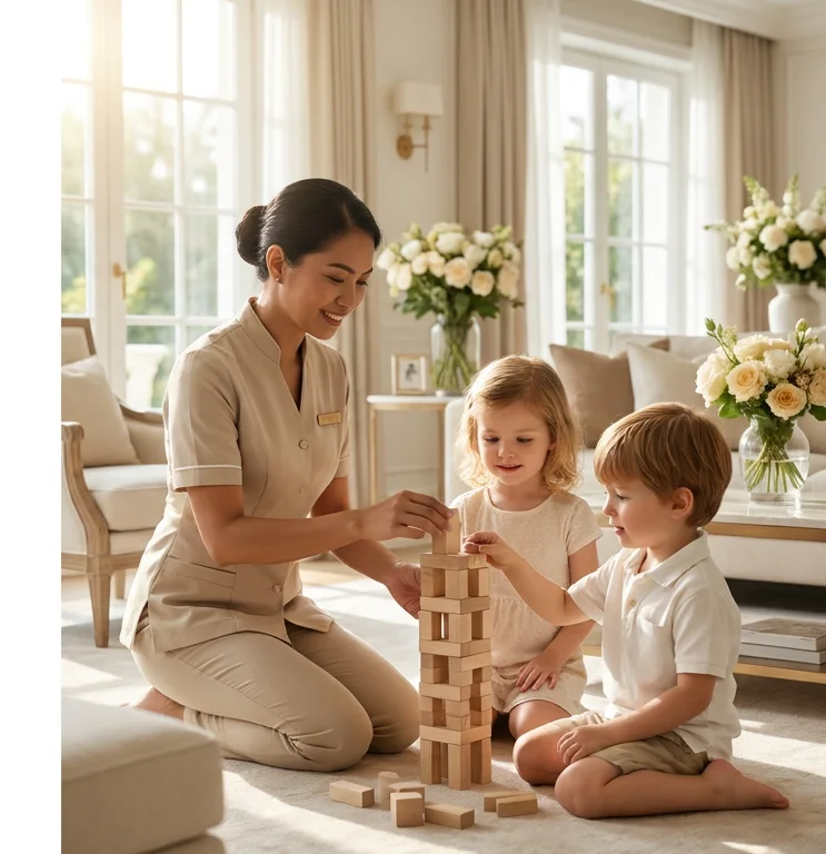 A nanny playing with two young children in a bright, elegant family home