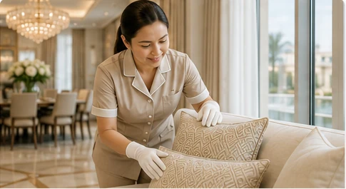 Elegant housekeeper preparing a spotless luxury home