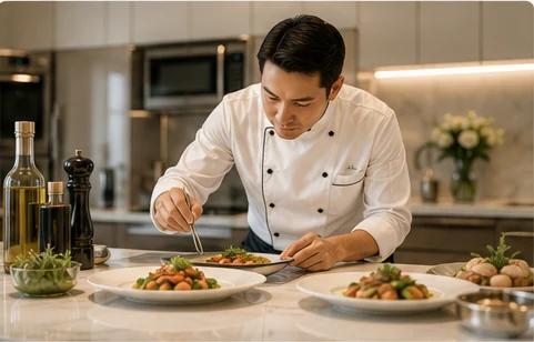 Private chef preparing a fine dining meal in a luxury home kitchen