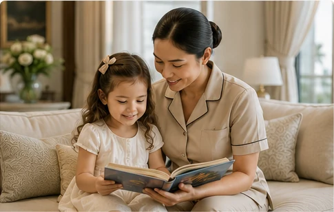 Professional nanny reading with a young child