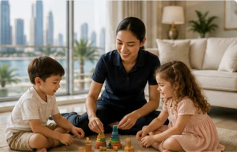 Babysitter playing with two children in a modern living room
